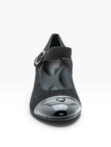 Strada Ara Jordana black suede and patent leather Mary Jane pump with a cap toe and adjustable buckle strap