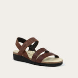 Brown sandal with a black sole on a light gray background