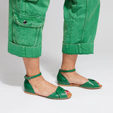 Miz Mooz Kendria women's emerald green sandal with ankle strap and open toe, stylish leather footwear for warm weather.