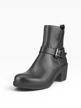 Black leather boot with a buckle on a white background