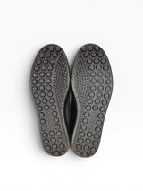 Close-up of black shoe soles with tread pattern on a white background
