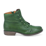 Miz Mooz Louise women's tailored boot with button details in kiwi green leather, featuring a sleek ankle design and stylish stitching.
