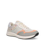Gray and white sneaker with pink accents on a white background