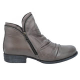 Miz Mooz Luna ruched ankle boot for women in graphite color with a stylish, textured design and ankle-height fit.