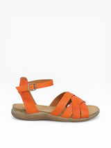 Miz Mooz Moody women's orange sandal with open toe design, ankle strap, and stylish leather upper.