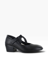 Strada Naot Nobility black leather Mary Jane dress heel with a square toe, low block heel, and decorative strap bow.