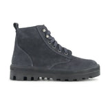 An olive green high-top tactical boot by DC Shoes, featuring a black and gray digital camouflage pattern on the side panels, black laces, and a rugged black sole, shown against a plain white background.