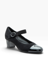Strada Ara Jordana black suede Mary Jane pump with a patent leather cap toe, adjustable strap, and low block heel.