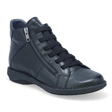 A black leather ankle boot with a side zipper, black laces, and a low black sole, shown from a three-quarters angle on a white background.