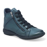 A dark teal blue leather ankle boot with a side zipper, black laces, and a black sole, shown from a three-quarters angle on a white background.
