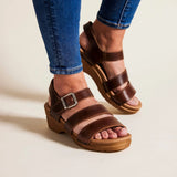 Brown strap sandal worn with blue jeans