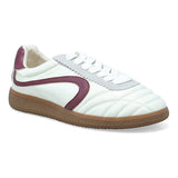 A white leather low-top sneaker with a quilted toe box, a burgundy side stripe, a gray lace panel, and a brown gum sole, shown on a white background.