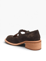 Strada Kork Ease Jesse dark brown suede T-strap oxford shoe with a chunky stacked heel and rugged lug sole