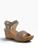 Strada Naot Summer wedge sandal in taupe leather with an adjustable ankle strap and cork-textured platform sole.