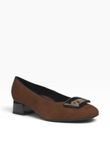 Strada Ara Gale brown suede low block heel pump with a decorative animal print buckle and comfortable padded insole.