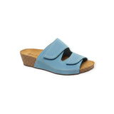 Strada beige suede slide sandal with adjustable straps, cork wedge sole, and arch support. Ideal for comfort and plantar fasciitis.