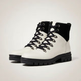 Strada Cynthia white leather waterproof lace-up hiking boots with black suede accents and lug sole.