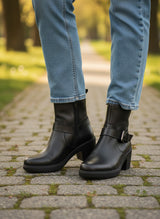 Strada Ecco Zurich black leather ankle boots with buckle detail and block heel.