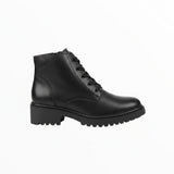 Black leather lace-up ankle boots with a 4cm block heel and lug sole.