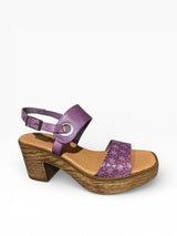 Strada Women's Wanda purple leather casual heeled sandal with adjustable ankle strap and floral patterned vamp.