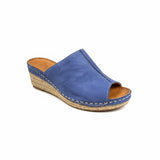Strada V Italia Katia blue suede leather wedge slide sandals with espadrille sole and white stitching.