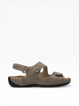 Strada Wolky Liana taupe leather wide width sandal with adjustable straps and cushioned sole.