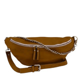 Strada yellow leather sling bag with adjustable strap and detachable chain strap, zippered compartments.