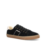 A black suede low-top sneaker with black laces, a tan rubber sole, and a cream-colored heel tab, shown on a plain white background.