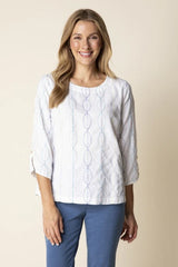 White Habitat 14932 button-back pullover, casual apparel with a soft fabric, featuring a classic round neckline and long sleeves.