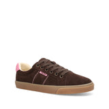 A single brown suede sneaker with dark brown laces, a light tan gum sole, and a small pink accent on the heel and side logo, shown against a plain white background.