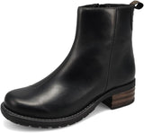 A black leather ankle boot with a low stacked block heel and a small pull tab at the back, shown from a three-quarters angle on a white background.