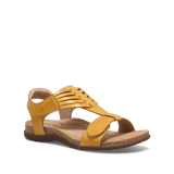 Yellow sandal with brown sole on a white background